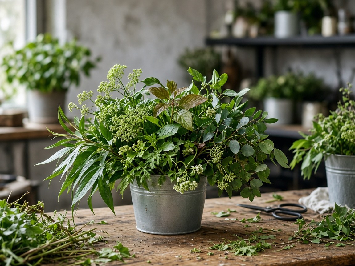 Grünes, blattbetontes Arrangement in der Floristik-Werkstatt
