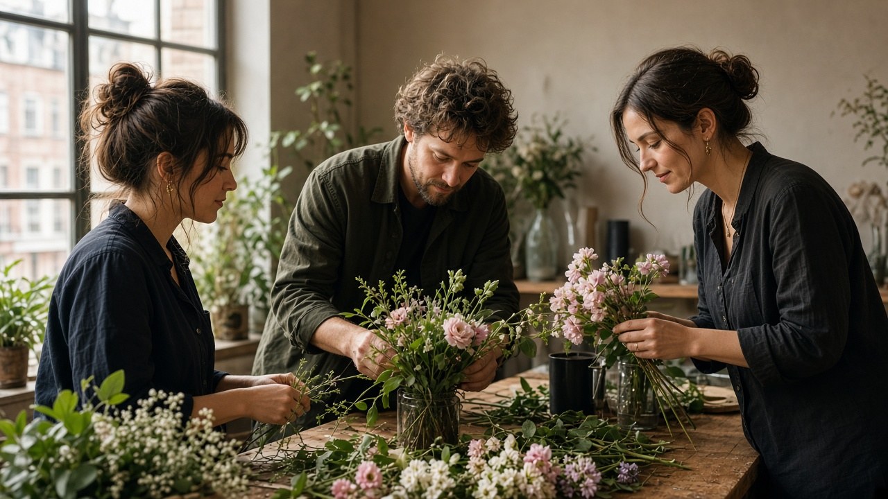 Hände bei der Arbeit an einem floristischen Arrangement