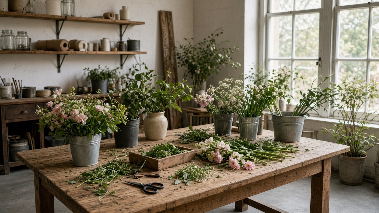 Floristische Arbeit mit natürlichen Materialien im Workshop