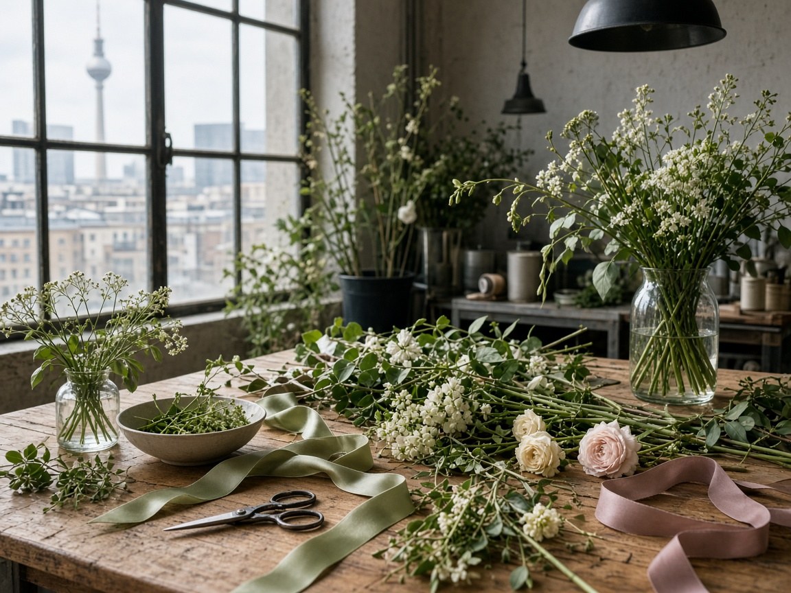 Floristische Materialien und Blüten auf einem Arbeitstisch